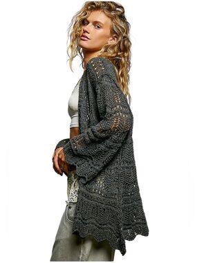 POL Black Charcoal Crochet Long Bell Sleeve Cardigan
